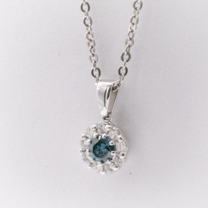 White Gold Pendent Flower with 0.45 ct Blue enhanced Diamond and 0.35 ct natural Diamonds
