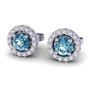 14K White Gold Round Brilliant Cut Blue Diamond Earrings o.51 Ctw