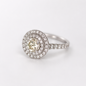 White Gold Diamond Halo Ring with 0.70 ct center & 0.79 Side Natural Diamonds